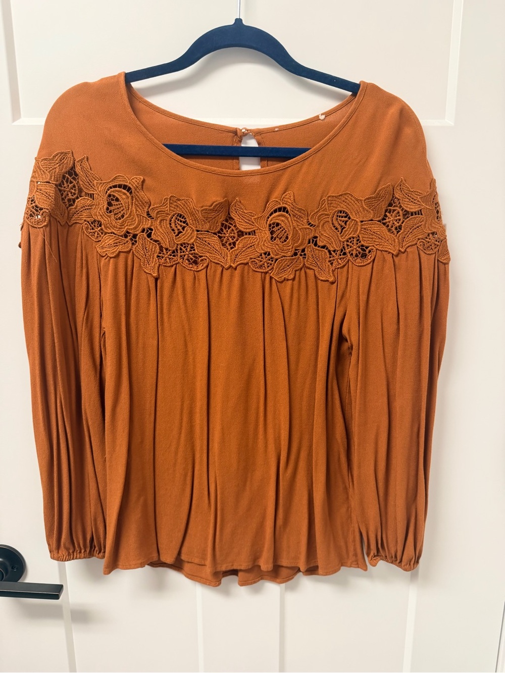 Women’s Lace Yoke Long-Sleeve Top in Rust